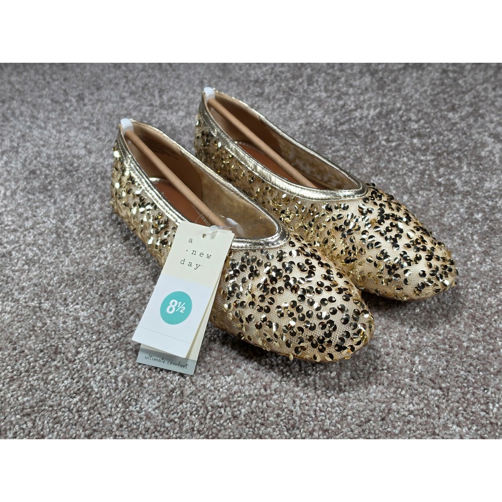 A New Day Sammie Champagne Gold‎ Sequin Ballet Flats Memory Foam Womens 8.5 NEW